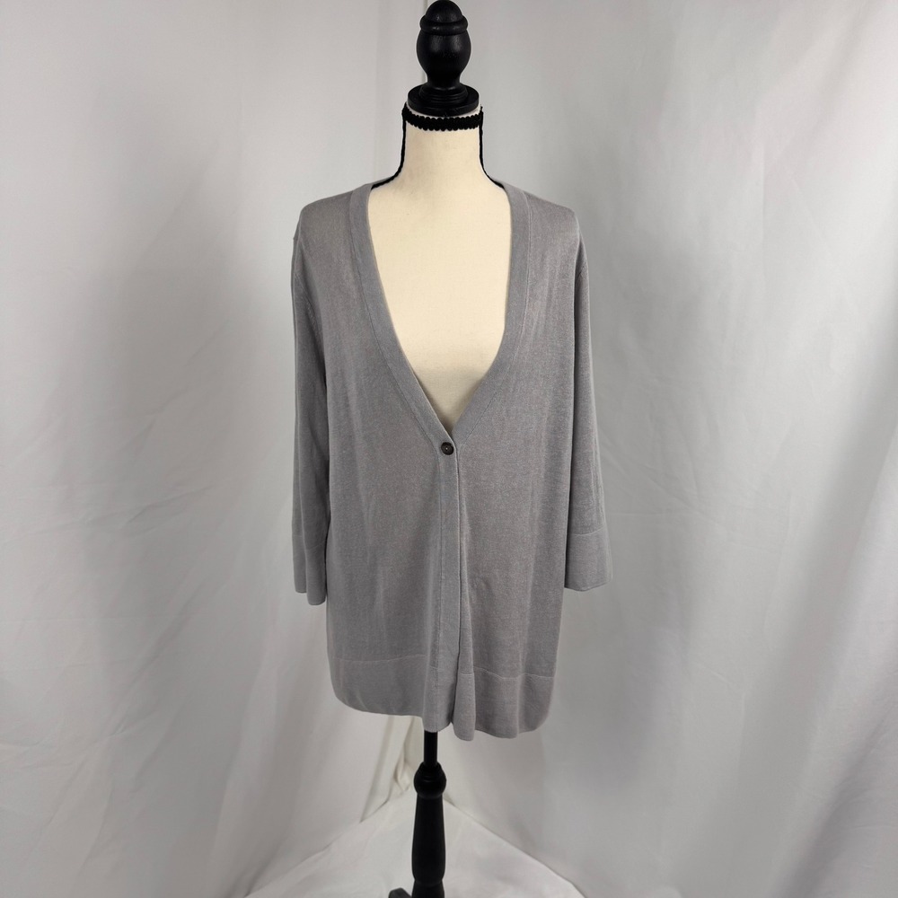 J. Jill Cardigan Women Medium Gray Linen Blend V-Neck 3/4 Sleeve